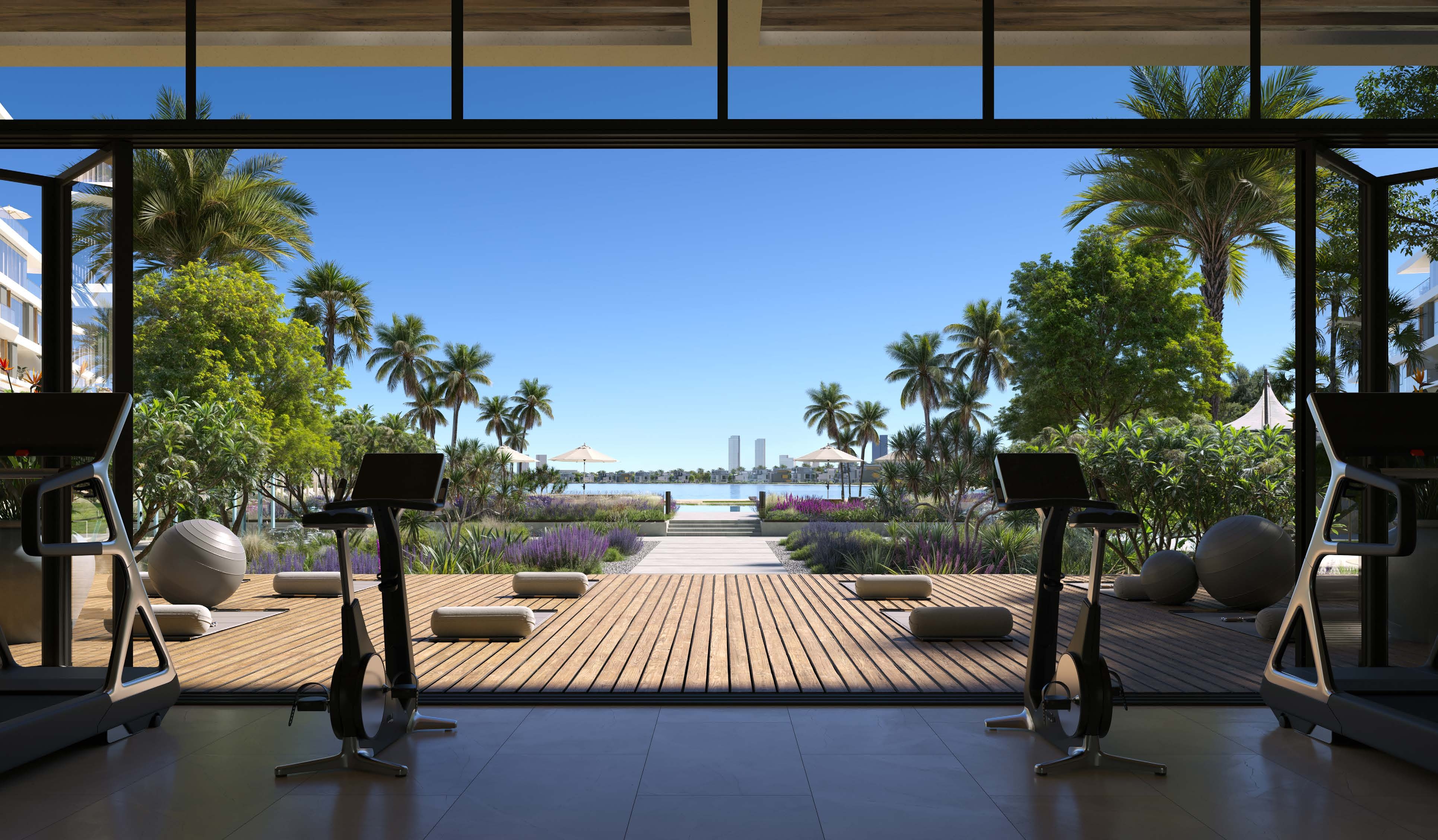 Fitness center with water views